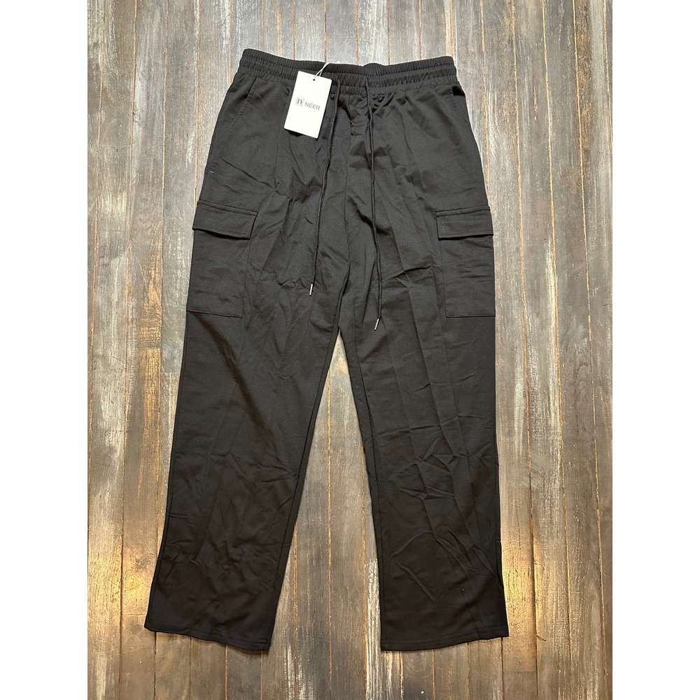Neer Mens Black Cargo Sweatpants Elastic Waist Drawstring Joggers Straight Leg